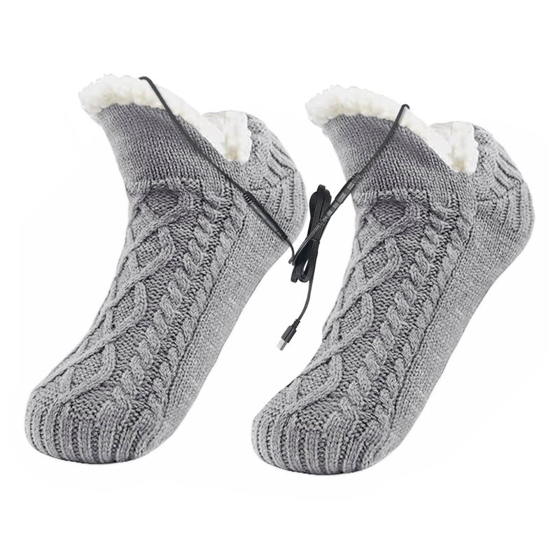 USB Heated Sock Slipper Fuzzy Warm Sock Knitted Fleece Feet Heating Pad Winter Electric Foot Heater Thermal Indoor Slipper Foot Warmer for Women Men (Gray, one Size)